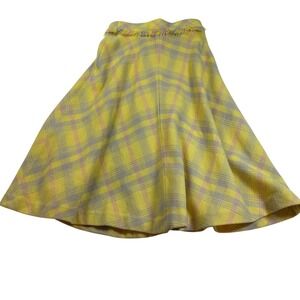 Vintage Plaid Wool‎ Skirt Yellow Gray Fringe Trim Full Lined Womens Small